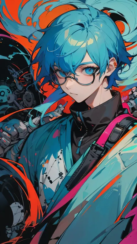 20-year-old man,  round glasses,Cool series,  Creative Art ,mechanical,  colorful,  is amazing,
streetwear fashion,Blue Hair/ light blue hair,  blue eyes, 
Dark,horror 