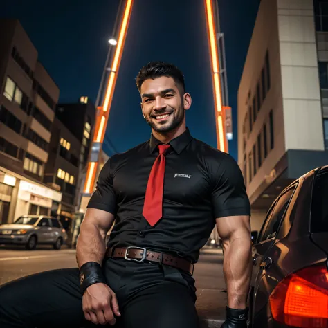 37 years old、handsome guy , One Man,、 muscularity、Asian handsome face 。 black shirt , red tie、 black slim pants 、Parking lot at night、 on the lawn 、sit。 black shirt、 red tie、 black slim pants 、 upper body up　geff Bridges,　Front  　Menacing look　 black belt　...