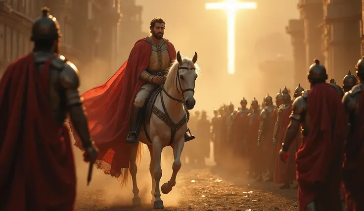 Give me an ultra, hyper-realistic, high-resolution, and 8K image of a highly detailed A hyper-realistic cinematic image Cinematic image of Saint George standing boldly before the seventy kings and idols, proclaiming his faith in Jesus Christ, with a divine...