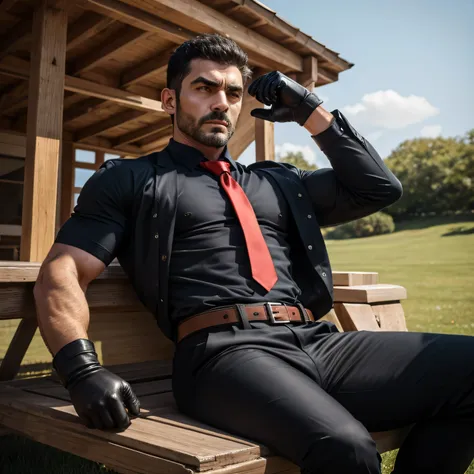 40 years old、handsome guy , One Man,、 muscularity、Doğukan Polat 。 black shirt , red tie、 black slim pants 、Doğukan Polat 、山の中、 on the lawn 、sit。 black shirt、 red tie、 black slim pants 、 upper body up　geff Bridges,　Front 　Menacing look　 black belt　 black gl...