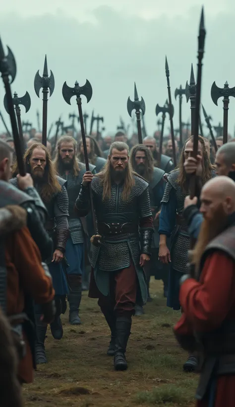 Create a visually stunning depiction landscape scenery of a Viking raiders tribe crowd unit from the medieval age, focusing on hyper-realism and intricate details. The scene should be symmetrically balanced, captured from an ultra-wide cinematic angle that...