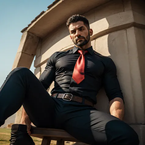 37 years old、handsome guy , One Man,、 muscularity、 arabic face 。 black shirt , red tie、 black slim pants 、In the shallow sea、 on the lawn 、sit。 black shirt、 red tie、 black slim pants 、 upper body up　geff Bridges,　Front  　Menacing look　 black belt　 black gl...