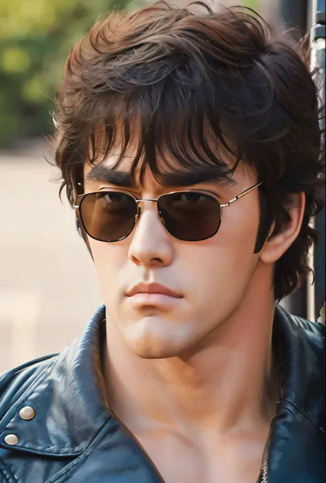 From front,, Kenshiro's Hairstyle , short disheveled hair, Brown Hair, thick eyebrows, 、 from directly above、 sunglasses
