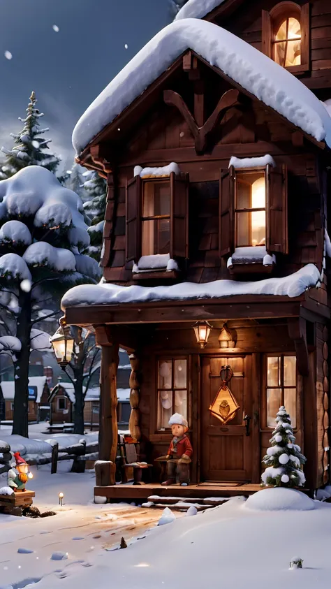 A small wooden house covered in snow.
Inside, Arn's mother is placing a magical pendant around his neck, Arn’s face determined.

