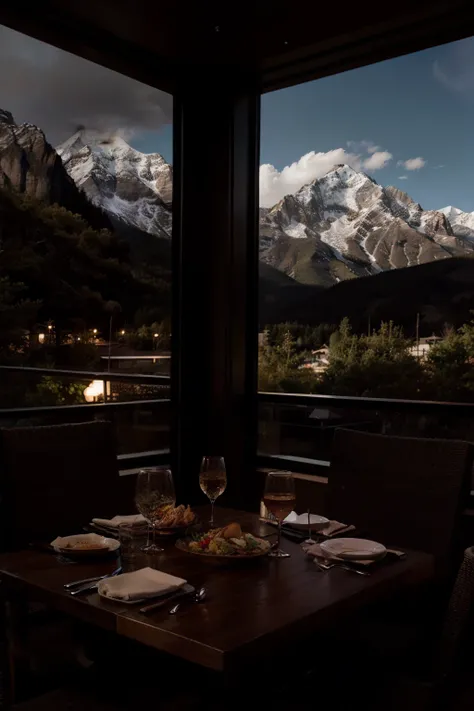 Dinner at fancy restaurant behind mountain views