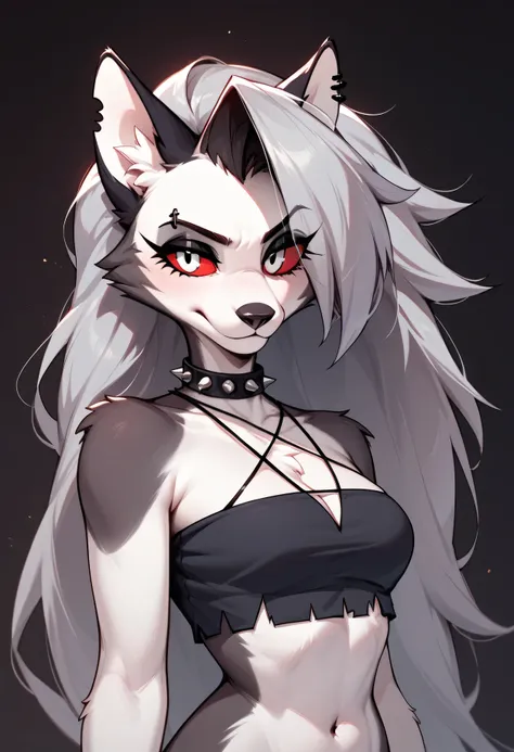 Furry Loona \(Helluva Boss\) big boobs long hair Cute appearance, big boobs llewd she is a goth, sexy pose, background: mental institution