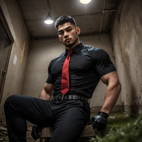 27 years old、handsome guy , One Man,、 muscularity、Asian handsome face 。 black shirt , red tie、 black slim pants 、Abandoned schoolhouse at night、 on the lawn 、sit。 black shirt、 red tie、 black slim pants 、 upper body up　geff Bridges,　Front  　Menacing look　 b...