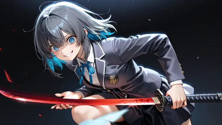   masterpiece,   top quality,   high res，  anime style、 On screen 、  extremely detailed、  detailed down to the smallest detail  、 1 girl,  medium hair、 dark gray outside blue inside hair color、uniform、 blazer、 standing、 above the knee、Hair fluttering in th...