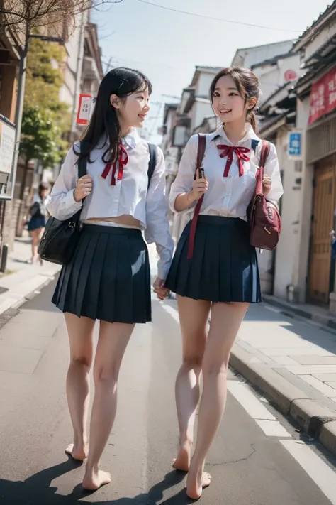 Blue sky background,8k,Two Japanese high school girls walking in Gion, matching pair look,Age 15,(( navy blue pleated mini skirt)),((Barefoot in student shoes)), white shirt , carry a backpack,((burgundy student ribbon)), low angle,Taiwanese smiles, low an...