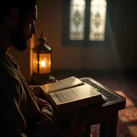 A peaceful and spiritually uplifting scene depicting a person in solitude, reciting the Quran with deep devotion. The Quran is placed on a beautifully carved wooden rehal, open under the soft glow of a lantern or natural moonlight streaming through a nearb...