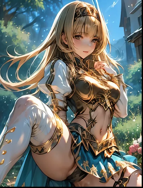 （（（ＳＦＷ、Accuracy、Highest quality、 A first-class masterpiece 、 Normal body 、32K、   detailed face 、 super precise、   Real Color 、5 fingers、Highest、3d）））Alisha、『Valkyrie Profile 2』、Golden Hair 、 long hair、 short、Big Breasts、 slender、 slim、Navel exposed、ribbon ...