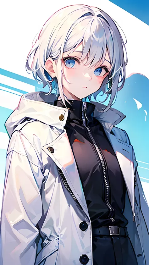  white hair ， red eyes on the left，blue eyes on the right，Wearing a white trench coat ， boy， soft light ， perfect color match ，UNIQUE LIGHT AND SHADOW