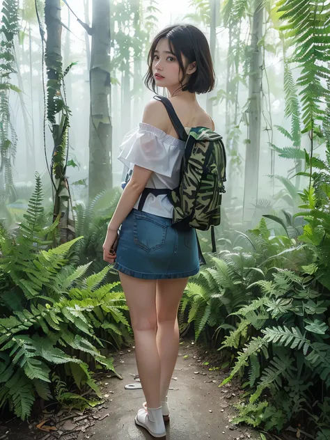   VERY WELL DETAILED CG Unity 8K Wallpaper、 Top quality, beautiful eyes 、  very well detailed、  masterpiece、reality、reality、  very well detailedなかわいい女の子、((  misty jungle  :1.5))、((  ferns growing in thick fog  :1.5))、((  hiking with a backpack  :1.5))、(( t...