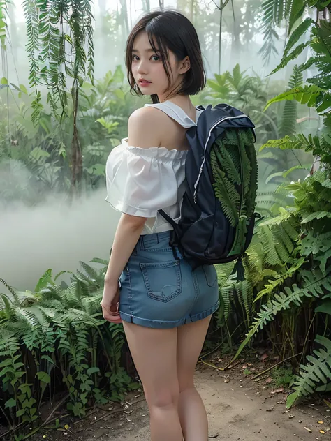   VERY WELL DETAILED CG Unity 8K Wallpaper、 Top quality, beautiful eyes 、  very well detailed、  masterpiece、reality、reality、  very well detailedなかわいい女の子、((  misty jungle  :1.5))、((  ferns growing in thick fog  :1.5))、((  hiking with a backpack  :1.5))、(( t...