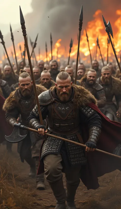 **Prompt:** Create an intricately detailed landscape scene of a Viking raiders tribe during the medieval age, showcasing hyper-realism and a symmetrical composition. Capture the scene from an ultra-wide angle to immerse the viewer in this burning medieval ...