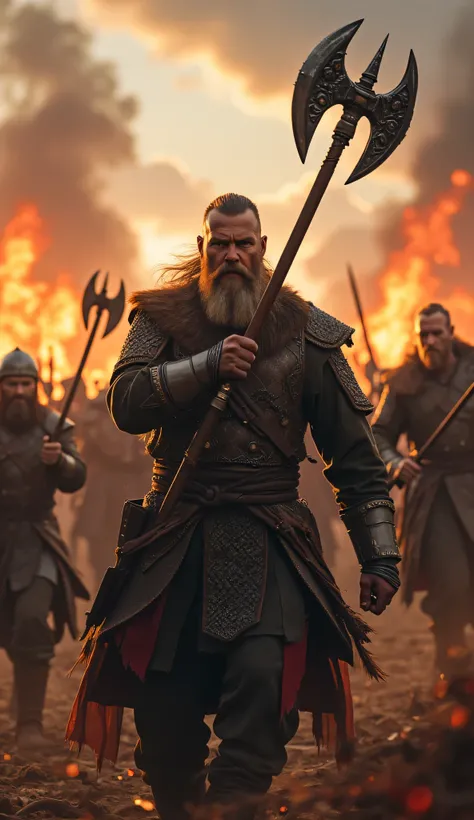 **Prompt:** Create an intricately detailed landscape scene of a Viking raiders tribe during the medieval age, showcasing hyper-realism and a symmetrical composition. Capture the scene from an ultra-wide angle to immerse the viewer in this burning medieval ...