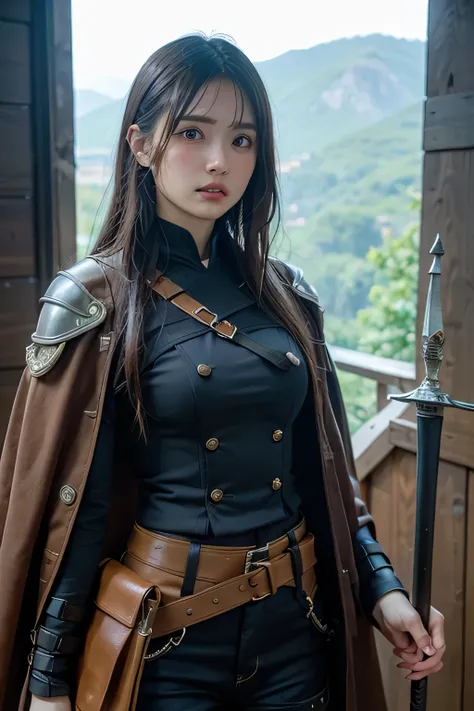 8k, Female Adventurer from Another World, so beautiful( just like the real thing ),Adult woman in leather armor, brown hair, blue eyes,Carrying long objects,  big sword,Brown combat trousers,Dagger on hip,Walking in mountainous areas, perfect face, perfect...