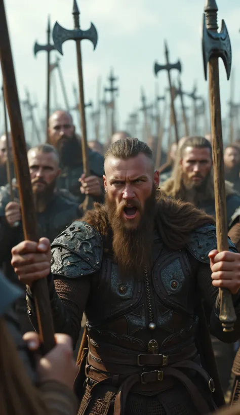 Create a visually stunning depiction landscape scenery of a Viking raiders tribe crowd unit from the medieval age, focusing on hyper-realism and intricate details. The scene should be symmetrically balanced, captured from an ultra-wide angle that immerses ...