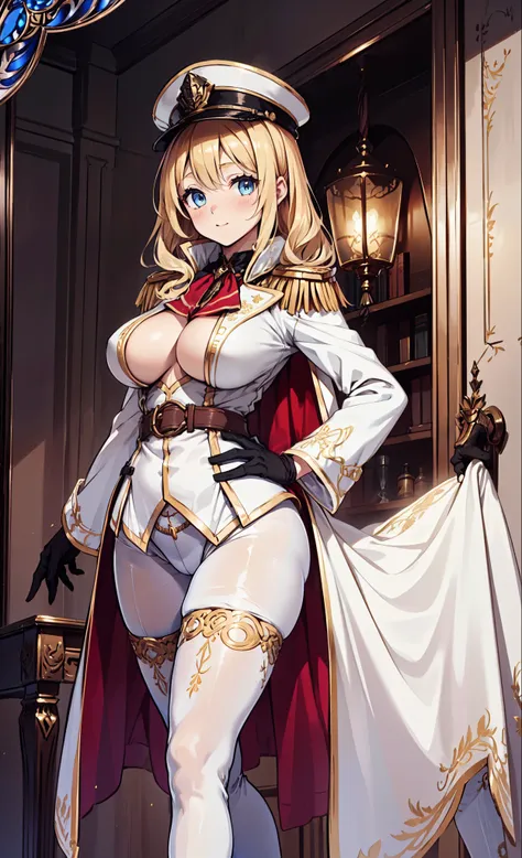 (( masterpiece)),(( top quality combat bed)),(( 8,000)),(( fantastic art )),( alone), 1  girl,The girl's figure ， Perfect Face , Fantasy World,((white short half body military uniform)),((white general's hat)),((Blonde curly hair)), Bazihu , ((compression ...