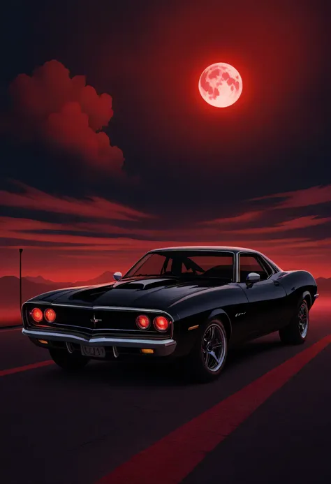 Arafed, Dark fantasy art, Art Deco style, fantasy art, goth art, Chevrolet Camaro as a vampire car, black car, red lights, fangs driving at night, red clouds, full moon, 

INFO
