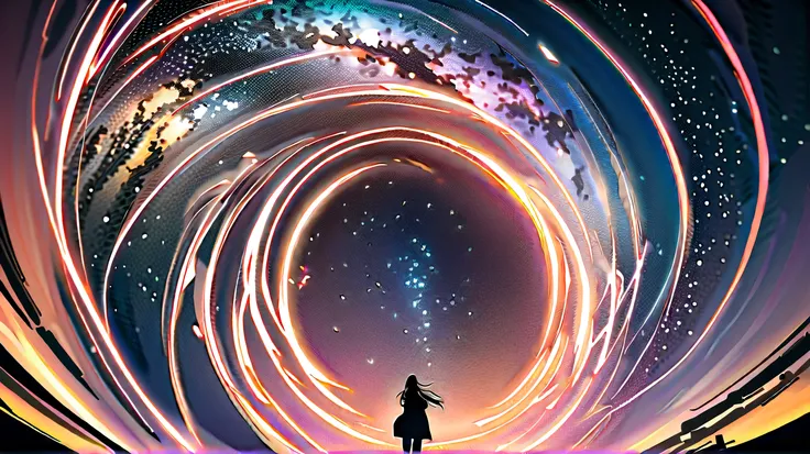 Many stars twinkling in a beautiful bright winter night sky, long exposure starry sky with many circular orbits, silhouette of a young woman with long hair with her hands in her coat pockets looking up at it, photo taken from long distance, photo from belo...