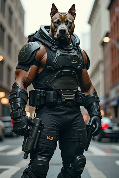 Anthropomorphic Pitbull urban warrior, powerful street guardian aesthetic in city setting:
Head details:

Muscular Pitbull head
Determined focused eyes
Strong jaw structure
Urban protection gear
Street fighter look
Powerful expression
Modern urban armor
Gu...