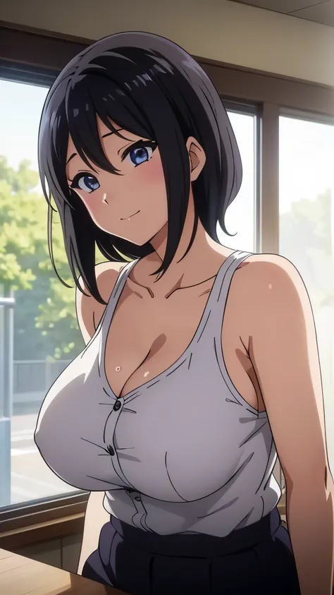 (((masterpiece))),fuyumi itadori, Anime girl characters, 1girl, solo, looking at viewer, medium hair, cleavage, closed mouth, collarbone,Naked, tall girl, horny, big ass, beautiful face,Charming,  anime visual of a cute girl, screenshot from the anime film...