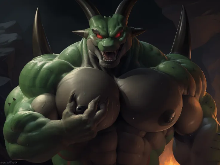 close up view, third person view, a beautiful and detailed portrait of a male dragon, porunga, horns, tail, ((red eyes, empty eyes, glowing eyes, big pecs, spike arms, black spines, black horns, , very large pecs, strong physique, very muscular, perfect an...