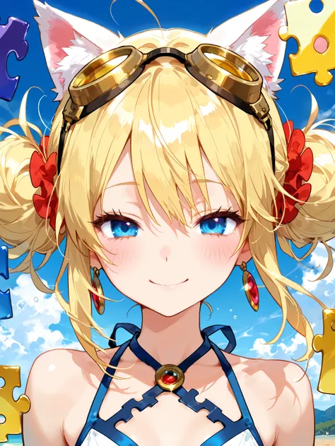  HDR animation  , (( Women made up of puzzle pieces、A world made up of puzzle pieces:1.4))Swimsuit costume composed of puzzles、Cat ears、(Put gold precision goggles on your head:1.15), (Upper body shot from 上の角度:1.3)、(Puzzle piece illustration 、An illustrat...