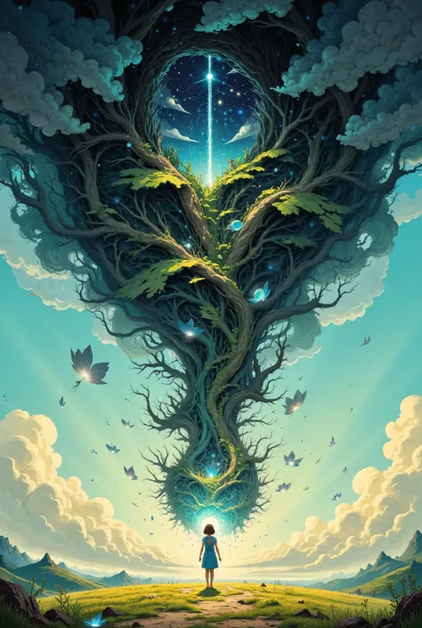 A massive tree is suspended upside-down in the sky, its vast roots woven into dense, misty clouds, pulsing with hidden life. Below, a small girl in a blue sundress stands barefoot on a sunlit field, reaching out to grasp a radiant silver flower that dangle...