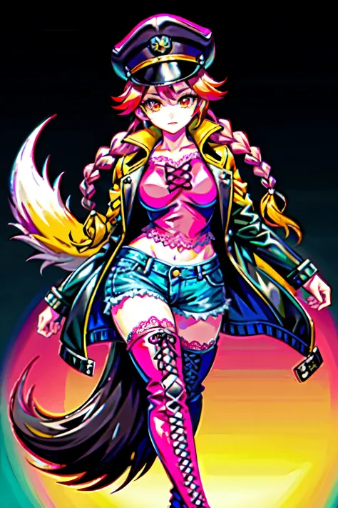 (best quality:2.0), (crisp:2.0), (highres:2.0), (((a rich yellow and pink gradient wolf tail:2.0))), anime, full body:2.0, (single image), (solo beautiful lady:2.0), (masterpiece:2.0), (detailed face:2.0), (detailed eyes:1.4), ((denim shorts:2.0)), ((thick...