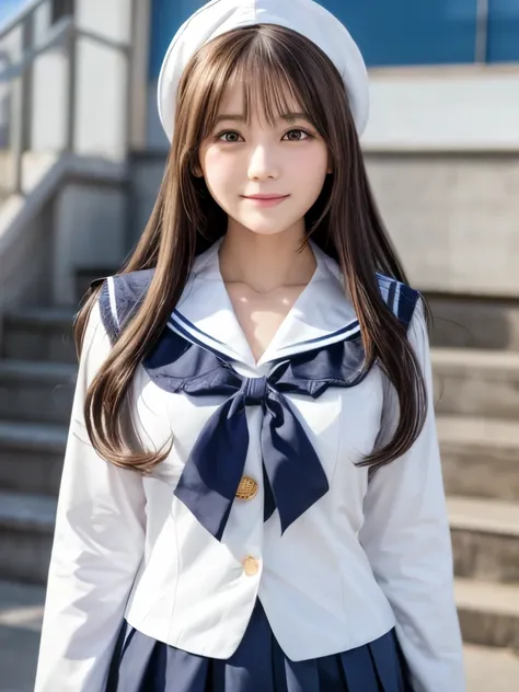  Japanese woman like an idol , long hair,  straight hair , round face, whole body,  sailor suit, new style uniform, 8K RAW photo,  high school .