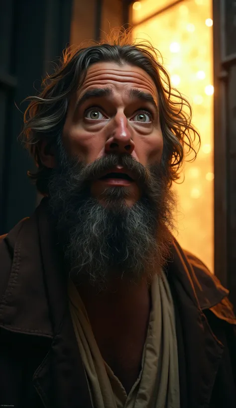 Close up of Pedro's face a man with a beard and big hair and old robes,  with wide eyes and shocked expression . In the background, an intense heavenly light shines through the half-open prison door."