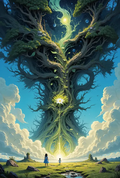 A massive tree is suspended upside-down in the sky, its vast roots woven into dense, misty clouds, pulsing with hidden life. Below, a small girl in a blue sundress stands barefoot on a sunlit field, reaching out to grasp a radiant silver flower that dangle...