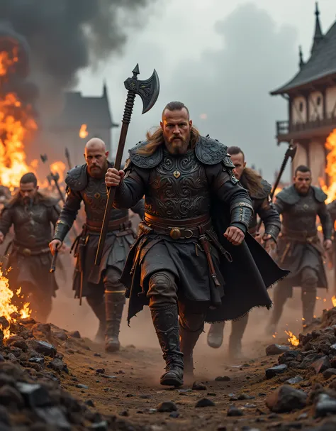 **Prompt:** Create an intricately detailed landscape scene of a Viking raiders tribe army during the medieval age, showcasing hyper-realism and a symmetrical composition. Capture the scene from an ultra-wide angle to immerse the viewer in this burning medi...