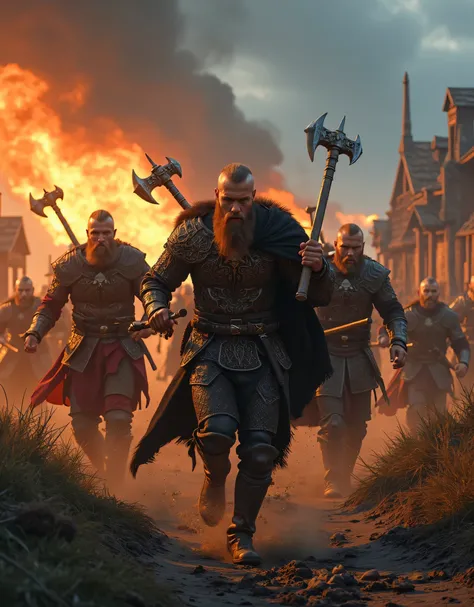 **Prompt:** Create an intricately detailed landscape scene of a Viking raiders tribe army during the medieval age, showcasing hyper-realism and a symmetrical composition. Capture the scene from an ultra-wide angle to immerse the viewer in this burning medi...