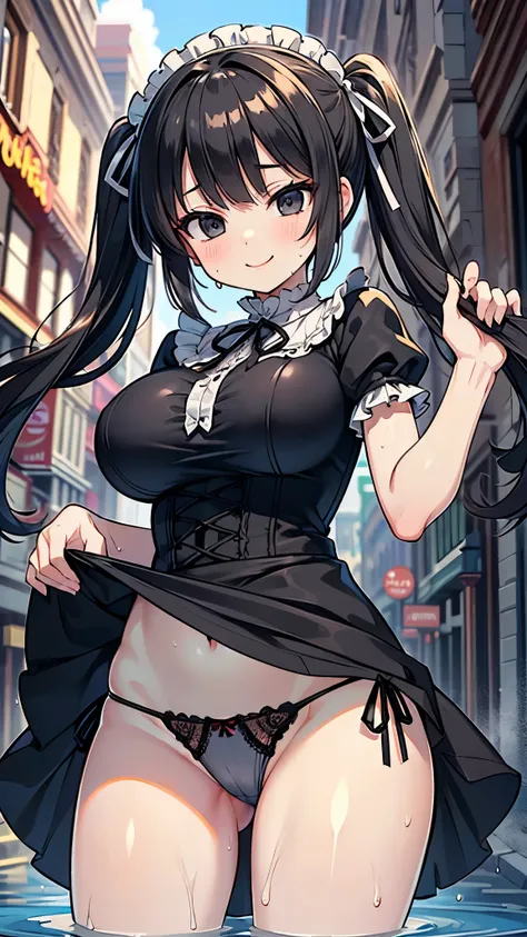 ((loosely curled black twintails, trimmed bangs)),((Black eyes)),((big breasts)),((Drenched in sweat)),((erotic adult gothic dress)),((frills and ribbon)),((smile a little)),((posing)),((Hold your skirt and show your erotic thong panties)),((main street)),...