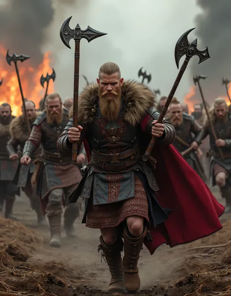 **Prompt:** Create an intricately detailed landscape scene of a Viking raiders tribe army during the medieval age, showcasing hyper-realism and a symmetrical composition. Capture the scene from an ultra-wide angle to immerse the viewer in this burning medi...
