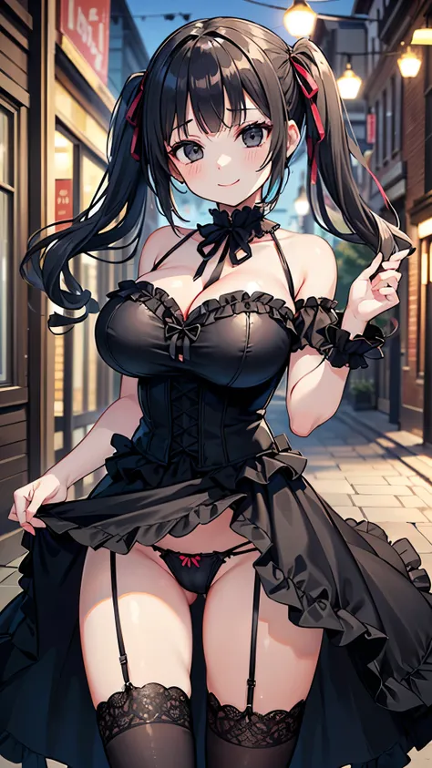 ((loosely curled black twintails, trimmed bangs)),((Black eyes)),((big breasts)),((erotic adult gothic dress)),((frills and ribbon)),((smile a little)),((posing)),((Hold your skirt and show your erotic thong panties)),((main street)),((Cowboy shot))