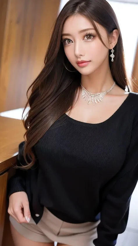 ( cowboy shooting、 top quality 、8k、 Award-winning work 、 Ultra-fine )、 beautiful women、( The black sweater that was a big hit , sexy cleavage :1.1)、 perfect big breasts 、( blonde alone :1.1)、 bright color co...