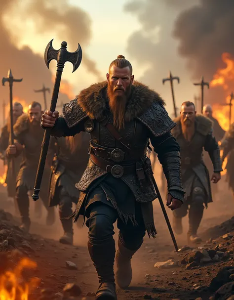 **Prompt:** Create an intricately detailed landscape scene of a Viking raiders tribe army during the medieval age, showcasing hyper-realism and a symmetrical composition. Capture the scene from an ultra-wide angle to immerse the viewer in this burning medi...