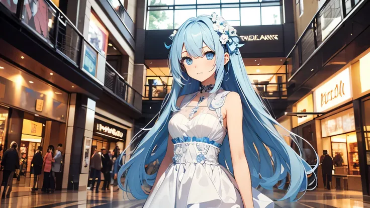 Anime girl character with flowing soft blue hair, blue eyes  and wearing a dress, with a background mall