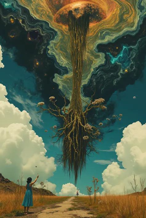A massive tree is suspended upside-down in the sky, its vast roots woven into dense, misty clouds, pulsing with hidden life. Below, a small girl in a blue sundress stands barefoot on a sunlit field, reaching out to grasp a radiant silver flower that dangle...