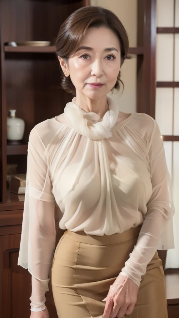   high definition,   high definition,    Attention to Details  ,  masterpiece,    anatomically accurate ,  sharp, (( Japanese,Mature Woman)),(90 years old:1.5),(old woman:1.6),(( facial wrinkles)), Long light brown hair , bangs,(((stand up,))),View photogr...