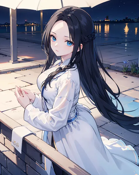 masterpiece, best quality, anime artworks, 1woman, 1girl, solo, 8k uhd, black hair, long braid hair, forehead, blue eyes, white dress, graceful dress, long sleeves, leggings, high resolution, natural shading, perfect fingers, perfect body, beautiful, outdo...