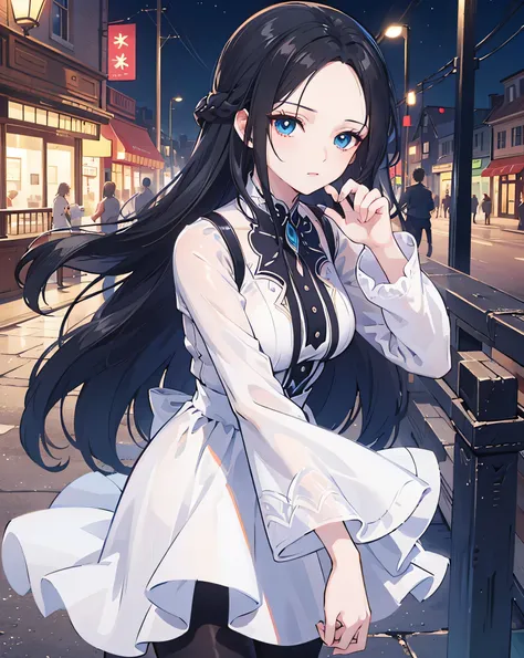 masterpiece, best quality, anime artworks, 1woman, 1girl, solo, 8k uhd, black hair, long braid hair, forehead, blue eyes, white dress, graceful dress, long sleeves, leggings, high resolution, natural shading, perfect fingers, perfect body, beautiful, outdo...