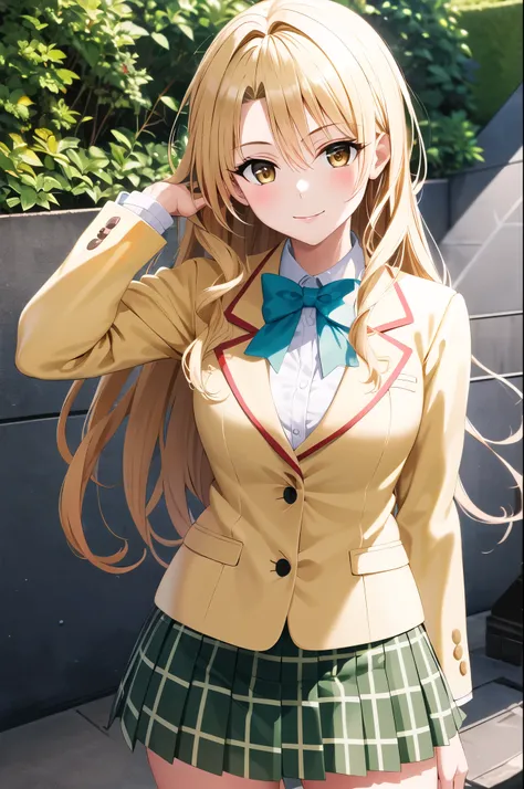 masterpiece, highest quality, High resolution, 1 girl, alone, long hair, blonde hair, double good, brown eyes , green bow tie, white shirt, yellow blazer, long sleeve, plaid skirt, green skirt, Are standing, cowboy shot, outdoor, glossy lips,hand behind he...
