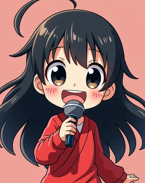  cartoon, chibi, (no background),  long black hair,  Japanese girl, red, big smile with big teeth and black eyes, holding a microphone in their hand, Happy singer ((( Her photographic perspective )))