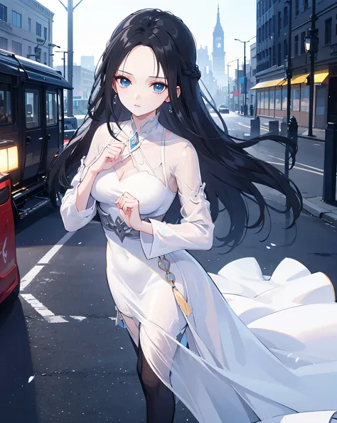 masterpiece, best quality, anime artworks, 1woman, 1girl, solo, 8k uhd, black hair, long braid hair, forehead, blue eyes, white dress, graceful dress, long sleeves, leggings, high resolution, natural shading, perfect fingers, perfect body, beautiful, outdo...