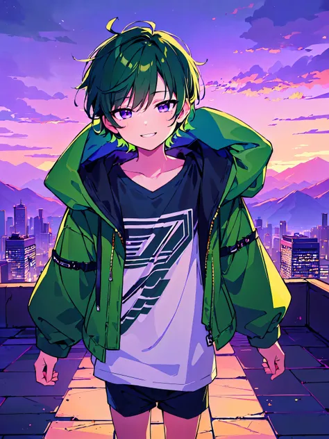 [(SUNSET RETROWAVE BACKGROUND:1.5),::5], ((((masterpiece)))), high quality, ultra_very_high_resolution, large_filesize, full color, (((solo))), ((little younger boy)), (((green short hair))), purple eyes, anime, (upper body), neon light, black parka, smile